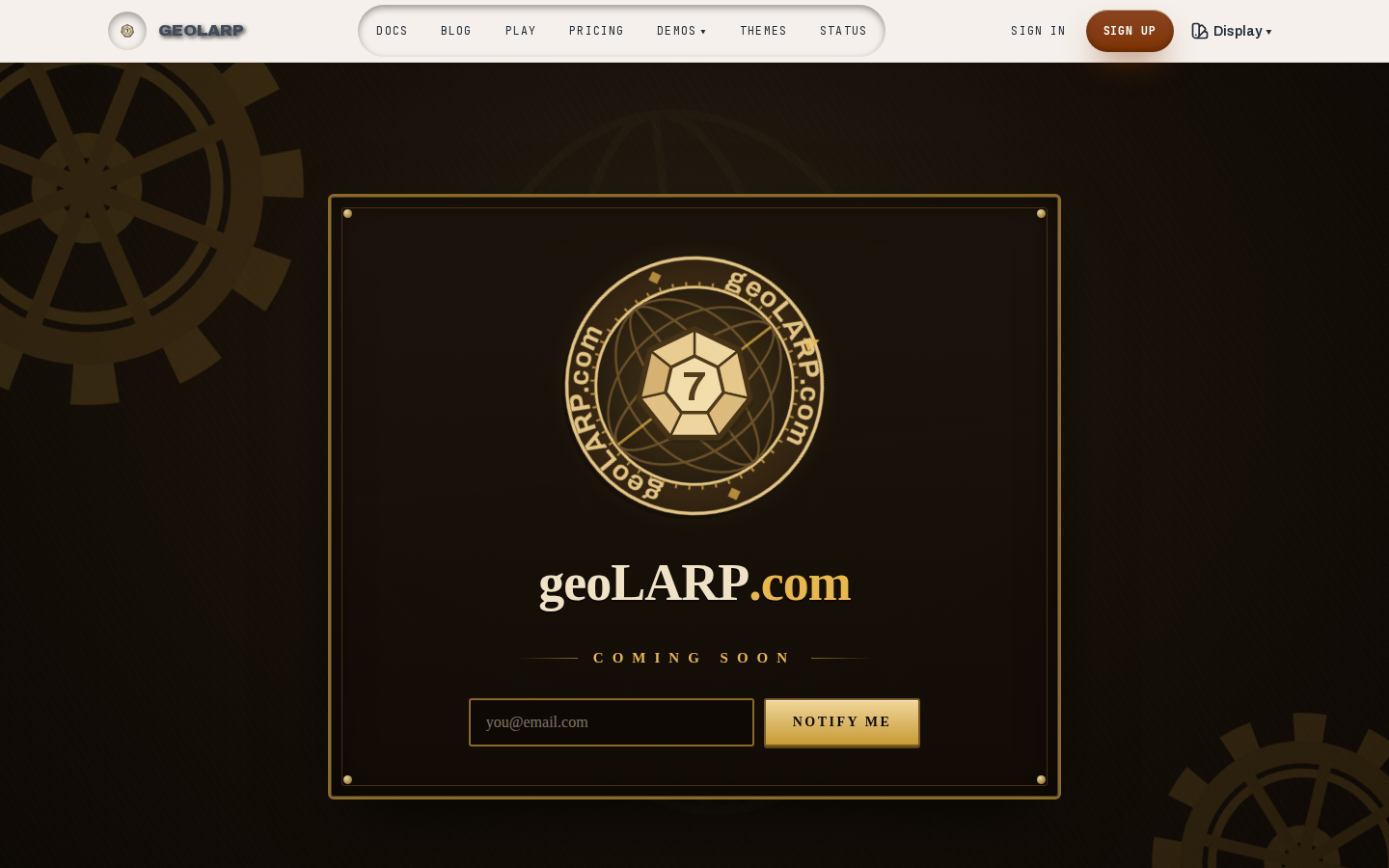 geoLARP.com coming-soon page with a gold dodecahedron emblem