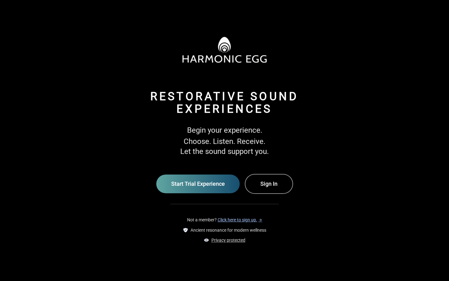 Harmonic Egg app landing page: Restorative Sound Experiences
